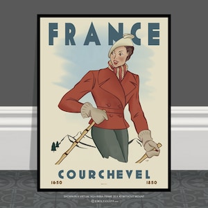 Plakat Vintage Skiing, Courchevel Francja Ski Print, Wydruk Narciarski Podróż, Narciarska Sztuka Ścienna, Trasa Narciarska, Sztuka Sportów Zimowych, Prezent