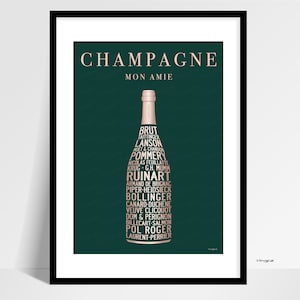Puede incluir: Un fondo verde con una silueta de botella de champán compuesta por los nombres de diferentes marcas de champán. El texto "CHAMPAGNE MON AMIE" está en la parte superior de la imagen.