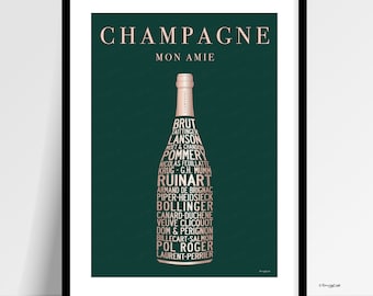 Póster vintage de marcas de champán: "Champagne Mon Amie" (Arte mural)