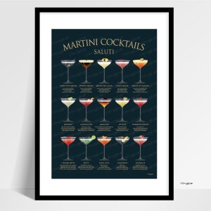 Impresión de póster de cócteles Martini, arte de pared con recetas de cócteles, 15 cócteles clásicos, regalo de arte de pared para cocina y bar, impresión mate de calidad.