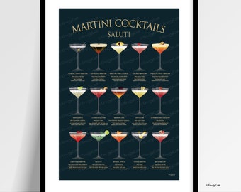 Martini Cocktails Poster: 15 Classic Recipes, Kitchen & Bar Art