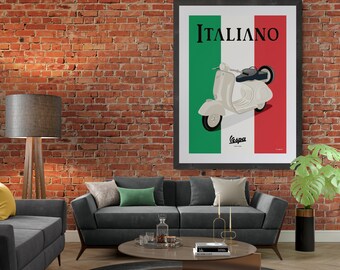 Vintage Vespa Scooter Print: Italian Flag Retro Wall Art