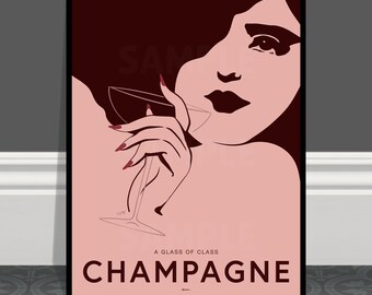 Póster vintage de champán: Impresión artística de una dama bebiendo champán