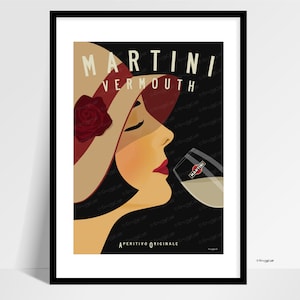 Può includere: Una pubblicità in stile vintage per il Vermouth Martini con una donna con un cappello rosso e bianco, che sorseggia un bicchiere di Martini. Il testo recita "Martini Vermouth Aperitivo Originale".