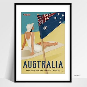 Australia Poster, Vintage Style, Travel Print of Australia, Woman Sunbathing Australia, Poster, Aussie Poster, Australian Tourist, Art Gift.