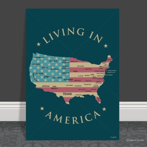 USA Karte, Posterdruck Kunst, der Sternenbannerfahne, Namen der US-bundesrätlichen Bundesstaaten, betitelt das Leben in Amerika. Tolles amerikanisches Wandkunst Geschenk.