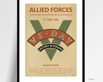 VE Day poster geallieerde strijdkrachten, print Victory in Europe