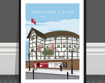 May include: A colorful illustration of Shakespeare's Globe Theatre in London, England. The building is depicted in a white and brown color scheme with red accents. The illustration includes a blue sky with white clouds, a red flag, and streetlights.