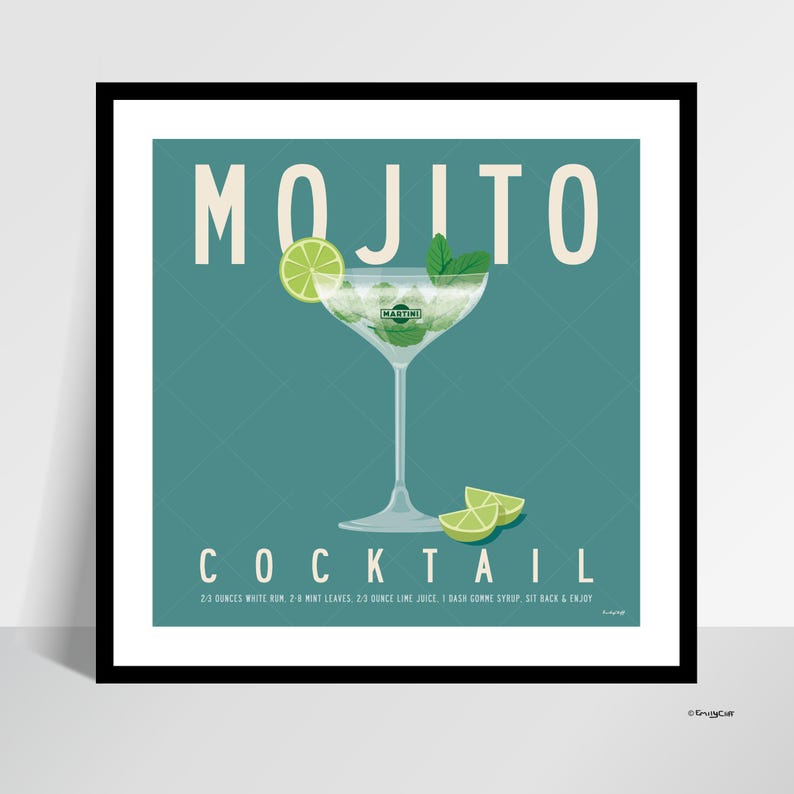 Mojito Cocktail Print: Kitchen Bar Wall Art 30cm x 30cm Print