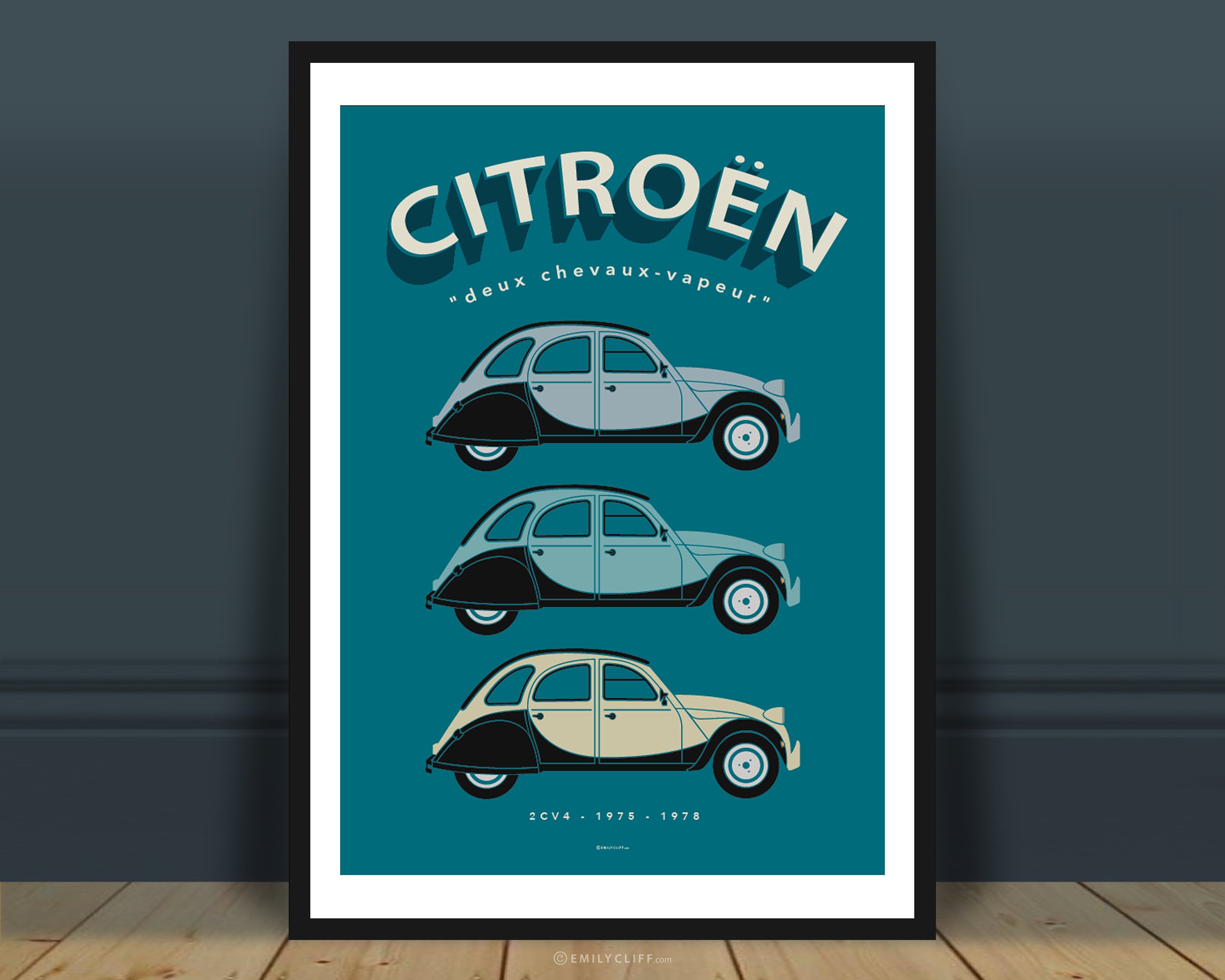 Seitenansicht für Vintage Citroen 2CV Ente beige Farbe Auto geparkt an der  Straße braun Koffer