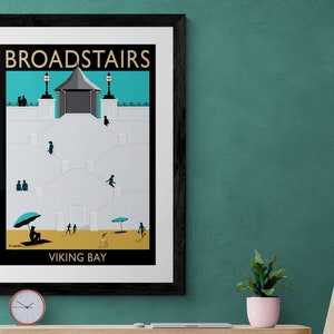 Póster de viaje de Broadstairs, regalo, escaleras de Viking Bay, póster turístico de Broadstairs, arte mural, hogar de Charles Dickens, impresión de viaje de Broadstairs.