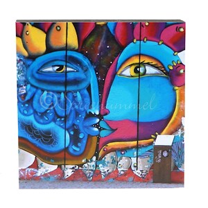 062 Liebende Fische -  Bild auf Holz, Berlin Motive Foto auf quadratischem Holz, Wandbild in verschiedenen Größen zur Wandgestaltung