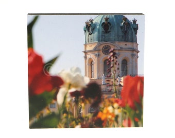 083 Schloß Charlottenburg Blumen -  Bild auf Holz, Berlin Motive, Foto auf quadratischem Holz, Wandbild in verschiedenen Größen