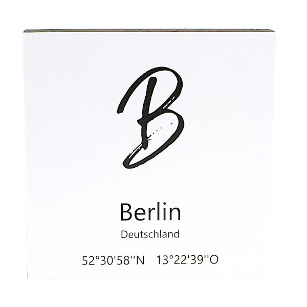 A02 Berlin Koordinaten - Bild auf Holz, Text mit Angabe von Berlins Lange auf quadratischem Holz, Wandbild in verschiedenen Größen