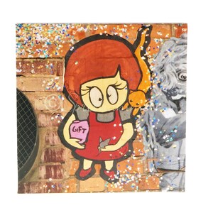 037 Little Lucy und ihre Katze Gift -  Bild auf Holz, Berlin Motive Foto auf quadratischem Holz, Wandbild in verschiedenen Größen