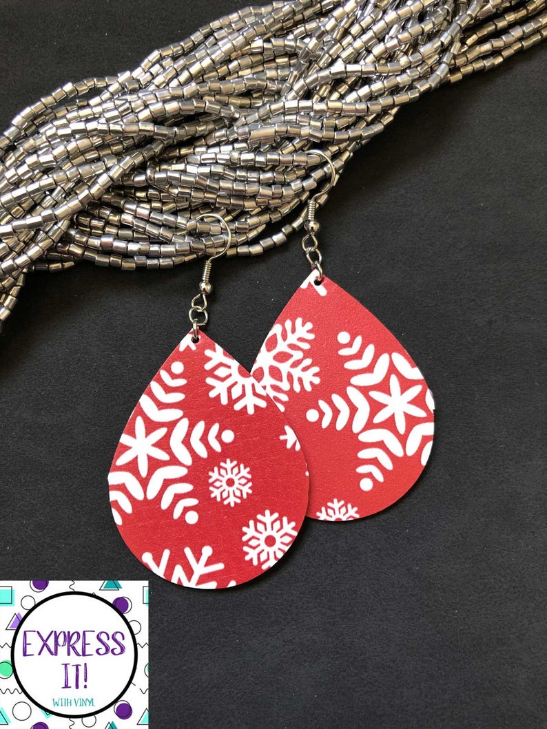 SALE  Red Snowflake Themed Faux Leather Teardrop Earring image 1