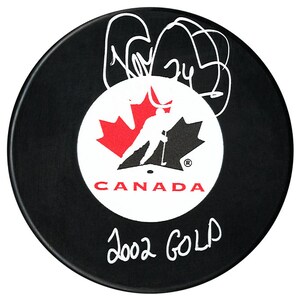 Theo Fleury Autographed Team Canada 2002 Gold Inscribed Puck