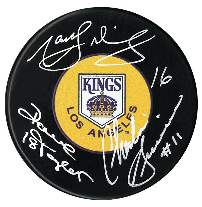 Marcel Dionne, Dave Taylor, Charlie Simmer Autographed Triple Crown Line Los Angeles Kings Puck