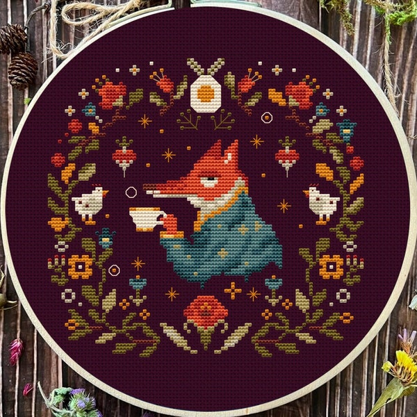 Chicken Farm cross stitch pattern, fox color chart, chicken embroidery sample, cute simple needlepoint, tea cross stitch