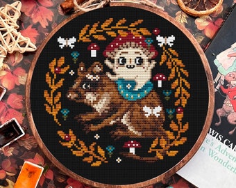 Mouse cross stitch pattern, mushroom color chart,  embroidery sample, cute simple needlepoint, cute cross stitch, mushroom cross stitch