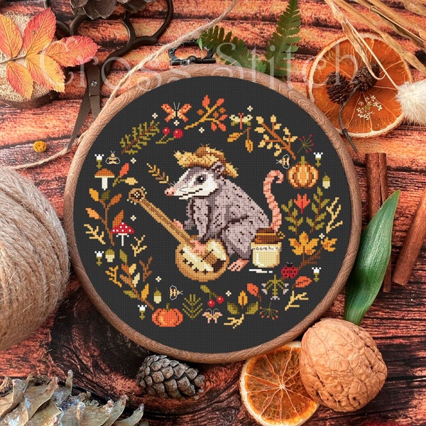 Possum cross stitch pattern, Opossum Cross Stitch, Fall cross stitch, kitchen cross stitch, Autumn cross stitch, mushroom, floral wreath