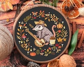 Possum cross stitch pattern, Opossum Cross Stitch, Fall cross stitch, kitchen cross stitch, Autumn cross stitch, mushroom, floral wreath