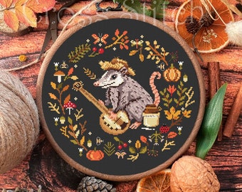 Possum cross stitch pattern, Opossum Cross Stitch, Fall cross stitch, kitchen cross stitch, Autumn cross stitch, mushroom, floral wreath