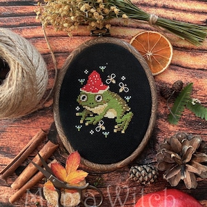 Frog cross stitch pattern, Witchy fungi color chart, Funny witch mushroom embroidery sample, Gothic toad pet cross stitch PDF