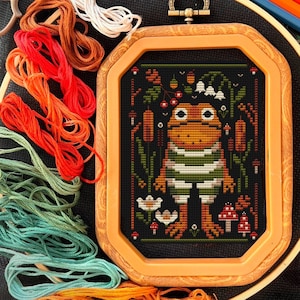 Toad cross stitch pattern, Frog Cross Stitch, Spring cross stitch, Cherry cross stitch, Farmhouse, Cottagecore Goblincore Adventurecore