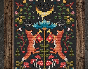 Witchy Fox Cross Stitch Pattern: Gothic Floral Wreath (PDF)