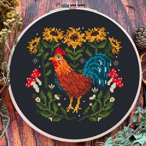 Farmhouse cross stitch pattern, rooster, chicken cross stitch, farm cross stitch, sunflower cross stitch, easy cross stitch