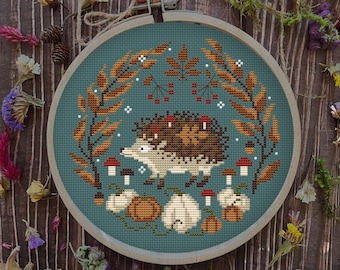 Hedgehog season cross stitch pattern, autumn color chart,  embroidery sample, cute simple needlepoint, mushroom, pumpkin cross stitch