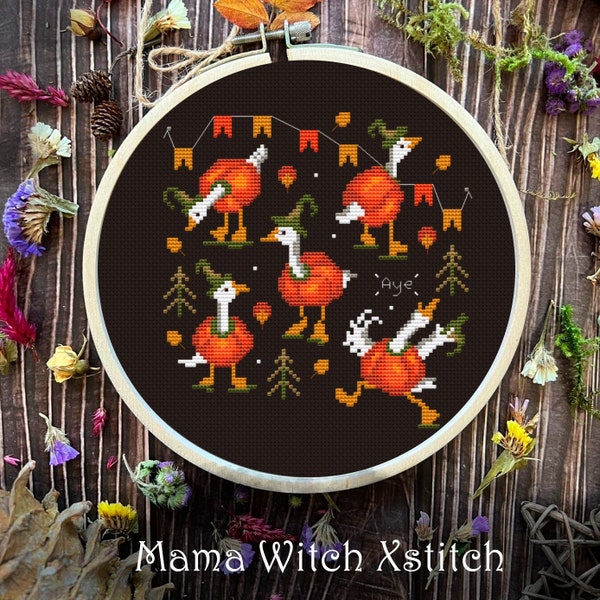 Halloween party goose cross stitch pattern, horror color chart, creepy embroidery sample, spooky witch stitch, geese cross stitch, pumpkin