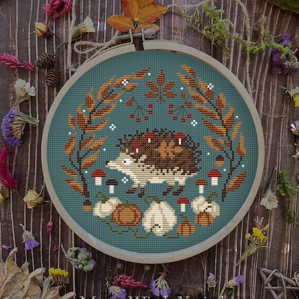Hedgehog season cross stitch pattern, autumn color chart,  embroidery sample, cute simple needlepoint, mushroom, pumpkin cross stitch