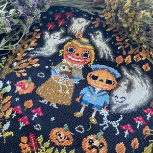 Pumpkin, Skeleton, Zombie, Ghost, cross stitch pattern, Halloween color chart, Spooky Creepy Horror embroidery sample, Folk Art