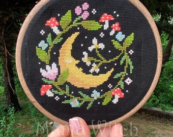 Moon cross stitch pattern, Crescent Cross Stitch, Celestial cross stitch, kitchen cross stitch, garden cross stitch, mushroom, floral wreath