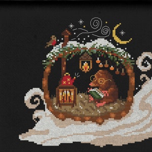 Lectura de patrón de punto de cruz de Navidad Mole, Papá Noel, Adorno, Muestra de invierno, Festivo moderno, bordado, corona, muérdago