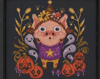 Firefly Magic pig cross stitch pattern, horror color chart, creepy embroidery sample, spooky witch stitch, piglet cross stitch