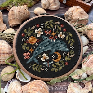 Patrón de punto de cruz de delfines, carta de colores de criaturas marinas, muestra de bordado del océano, punto de aguja simple de setas, punto de cruz de marina
