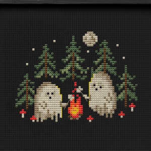 Camping ghosts Halloween cross stitch pattern, skeleton, pumpkin, witch, ghost, fall, autumn, leaves, forest, back cat, crow, raven, spooky