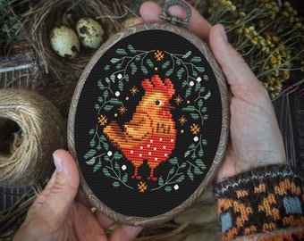Farmhouse cross stitch pattern, hen, chicken cross stitch, floral wreath cross stitch, rooster cross stitch, easy cross stitch