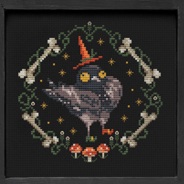 Halloween Birdie cross stitch pattern, skeleton, pumpkin, witch, ghost, fall, autumn, leaves, forest, back cat, crow, raven, spooky