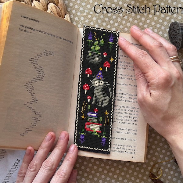 Cross Stitch Bookmark cross stitch pattern, cat, kitten cross stitch, magic, book cross stitch, library cross stitch, mushroom cross stitch