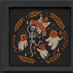 Underground party,skeleton, pumpkin cross stitch pattern, witch color chart, creepy embroidery sample, spooky stitch