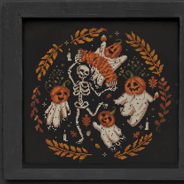 Underground party,skeleton, pumpkin cross stitch pattern, witch color chart, creepy embroidery sample, spooky stitch