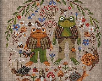 See you in Spring, Toad, Frog, Bugs, Cross stitch pattern, Goblincore color chart, Cottagecore, embroidery sample, Gremlincore