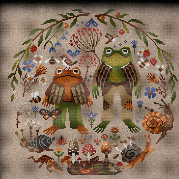 See you in Spring, Toad, Frog, Bugs, Cross stitch pattern, Goblincore color chart, Cottagecore, embroidery sample, Gremlincore