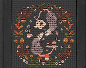 TEA TIME, Possum cross stitch pattern, Opossum Cross Stitch, Fall cross stitch, kitchen cross stitch, Autumn cross stitch, mushroom