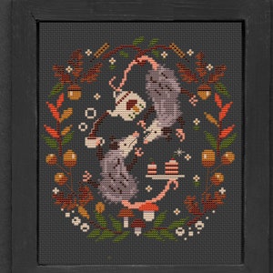 TEA TIME, Possum cross stitch pattern, Opossum Cross Stitch, Fall cross stitch, kitchen cross stitch, Autumn cross stitch, mushroom