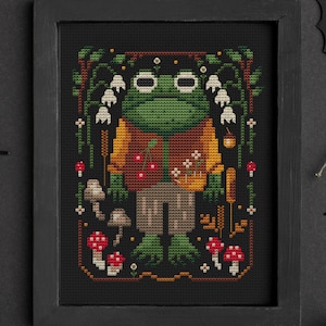 Kröte Kreuzstichmuster, Frosch Kreuzstich, Frühling Kreuzstich, Sumpf Kreuzstich, Bauernhaus, Cottagecore Goblincore Adventurecore